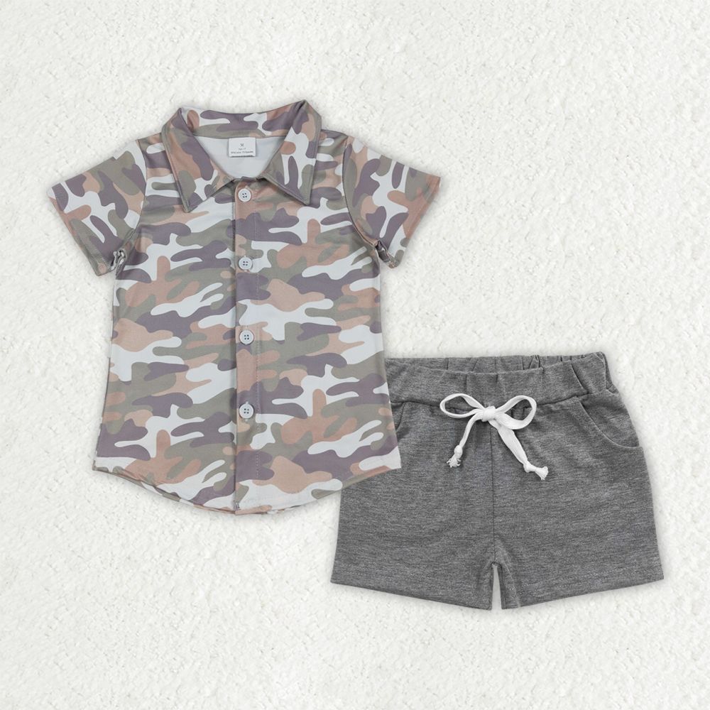 Baby Boys Kids Camo Short Sleeves Buttons Shirt Grey Pockets Shorts Clothes Set RTS