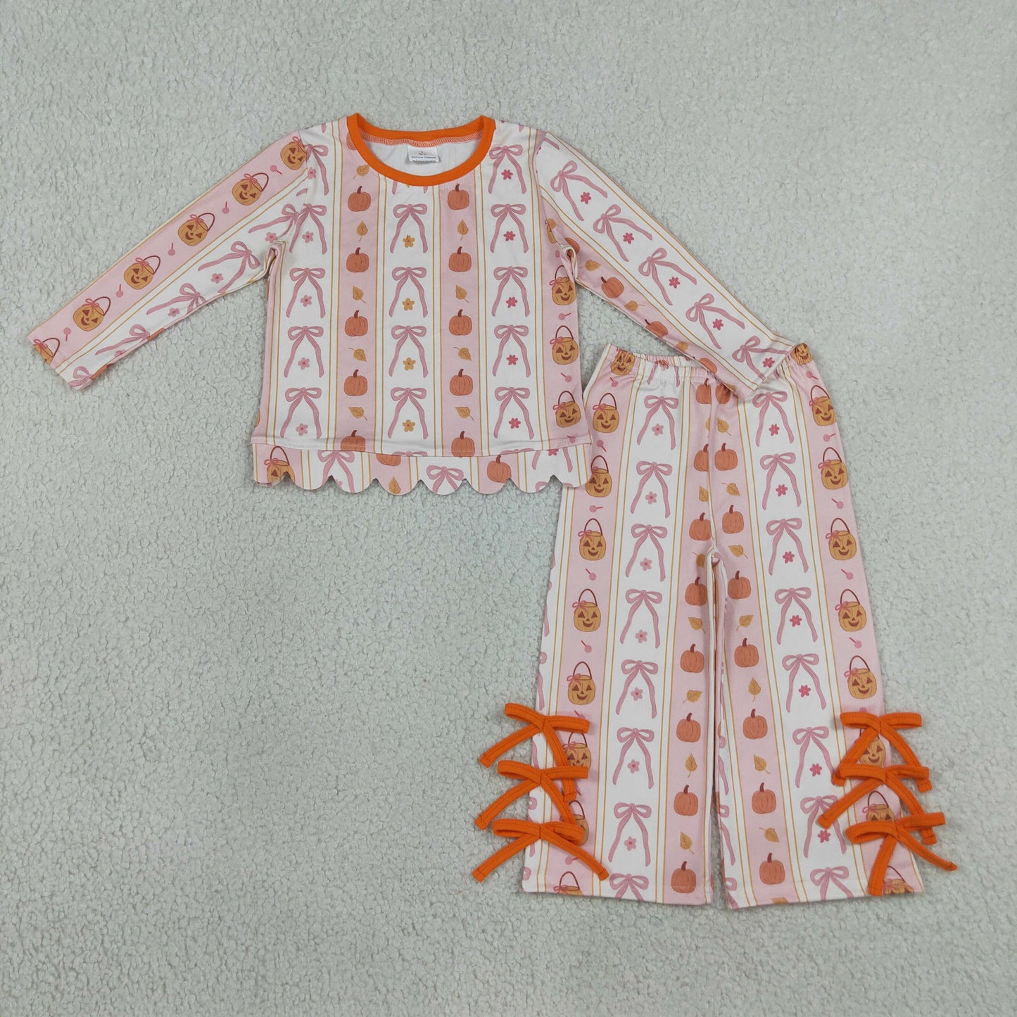 Baby Girls Kids Long Sleeves Pumpkins Scallop Shirt Bows Pants Set Fall Clothes RTS