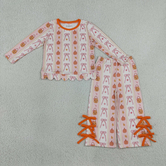 Baby Girls Kids Long Sleeves Pumpkins Scallop Shirt Bows Pants Set Fall Clothes RTS