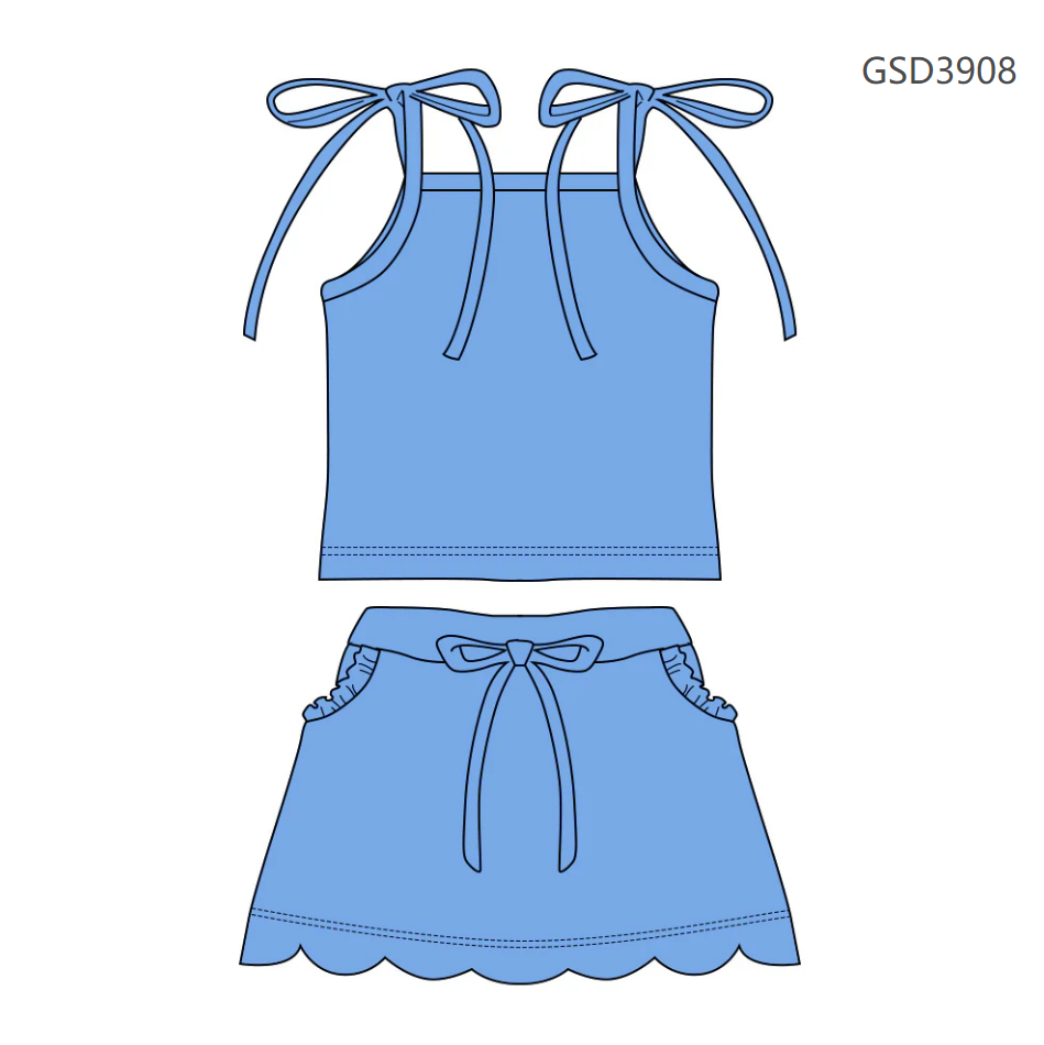 ( Moq 5 ) Preorder Baby Girls Straps Tops Pockets Scallop Skirt Shorts Blue Set Clothes