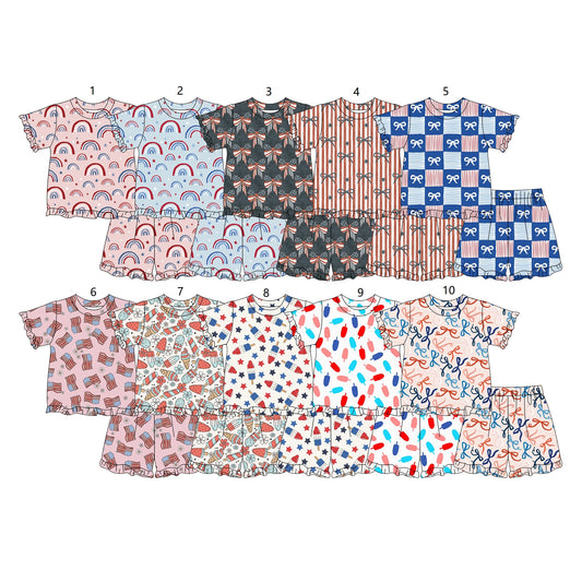 ( Moq 5 Each Style ) Sibling Baby Girls Kids Bows Shirts Shorts 4th of July Sets ( No. 6-10 )