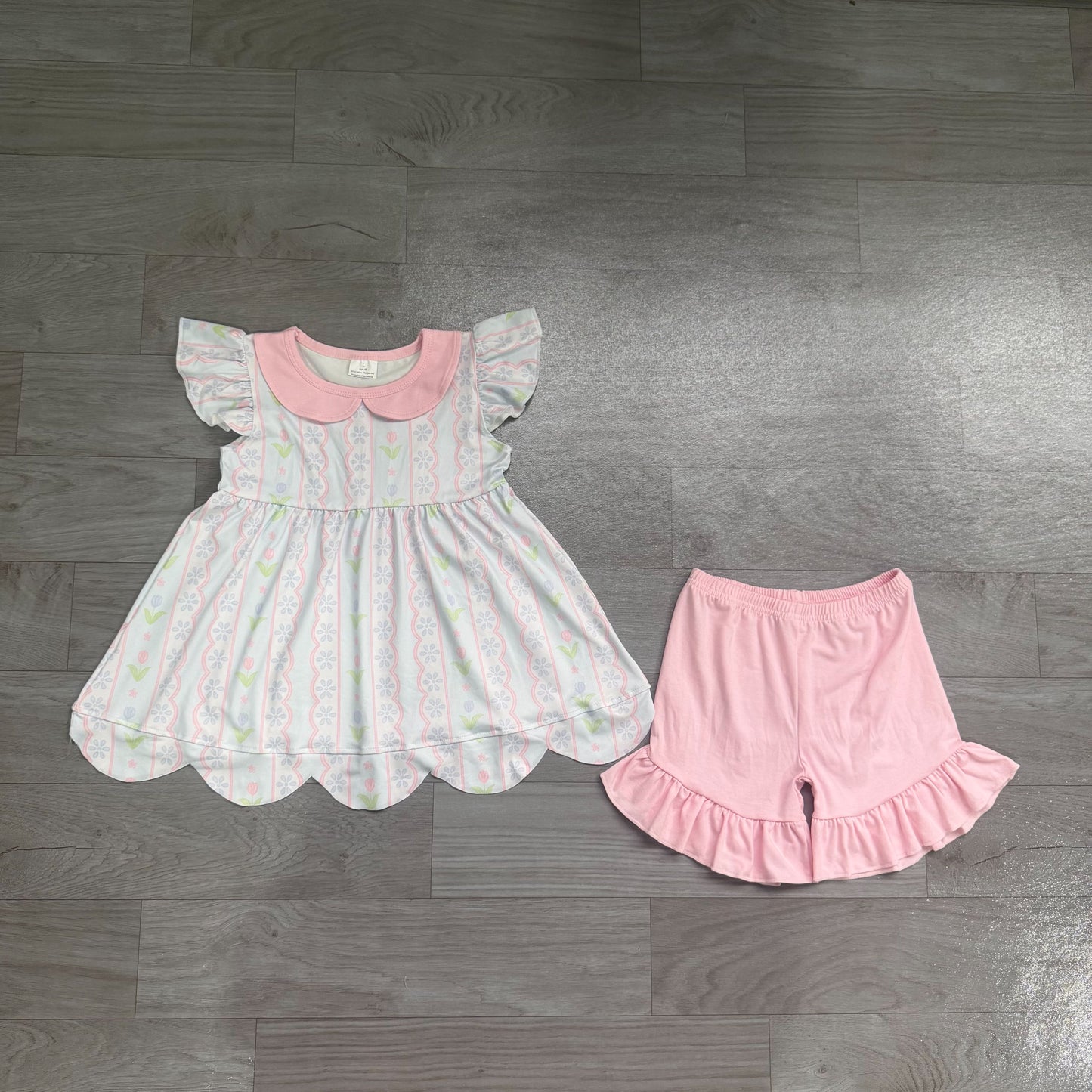 ( No moq ) Preorder Baby Girls Short Sleeves Flower Scallop Tunic Pink Shorts Set Clothes