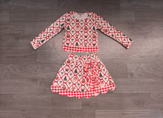 ( No moq ) Preorder Baby Girls Kids Christmas Santa Shirt Bows Scallop Skirt Shorts Yoga Active Set Clothes