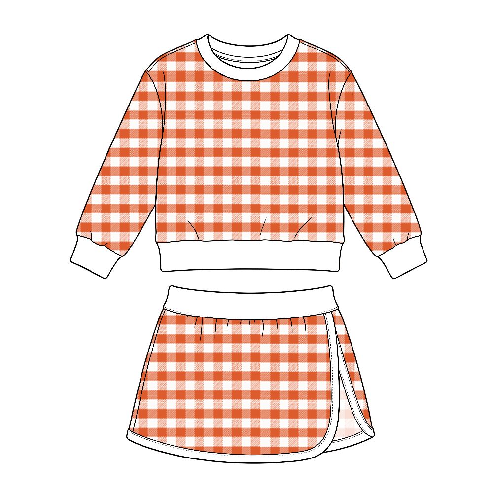 ( Moq 5 ) Preorder Baby Girls Kids Orange Plaid Shirt Skirt Shorts Set Yoga Active Clothes