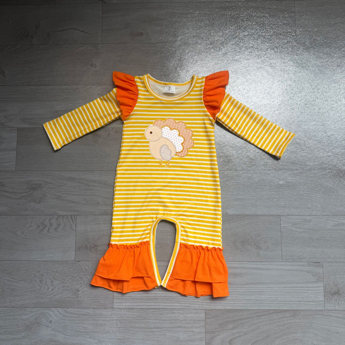 ( No moq ) Preorder Baby Girl Kids Embroidery turkey Stripes Thanksgiving Romper Clothes
