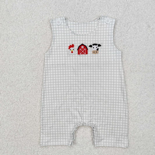Baby Boy Infant Sleeveless Embroidery Farm Chicken Cow Plaid Buttons Romper