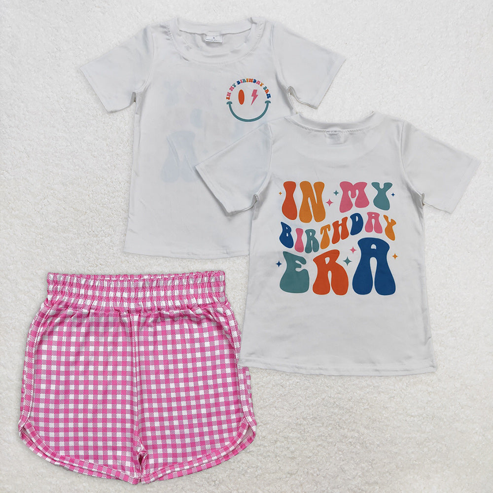 Baby Girl Short Sleeves Smile Birthday Shirt Pink Plaid Shorts Set RTS