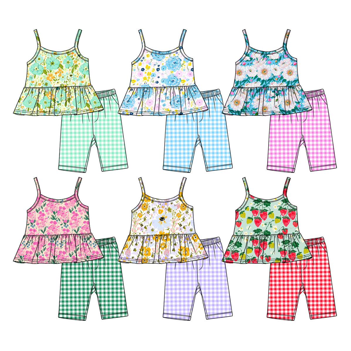 ( Moq 5 Each Style ) Sibling Baby Girls Kids Straps Flower Tops Plaid Shorts Sets Clothes