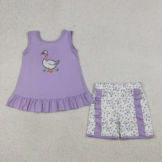 Baby Girls Kids Sleeveless Embroidery Duck Purple Tops Floral Shorts Set RTS