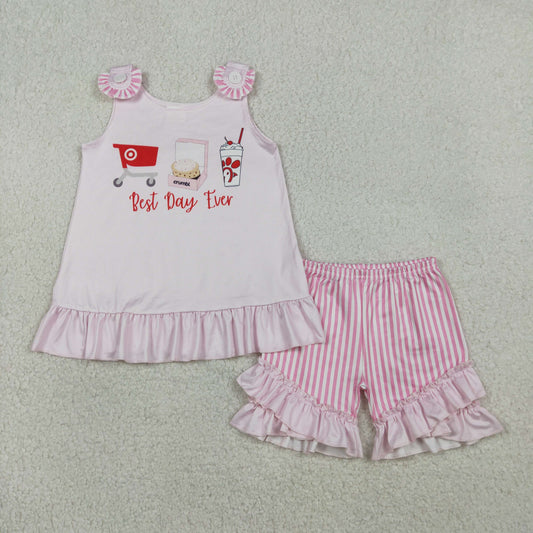 Baby Girls Sleeveless Hamburgers Tops Stripes Ruffle Shorts Clothes Pink Set RTS