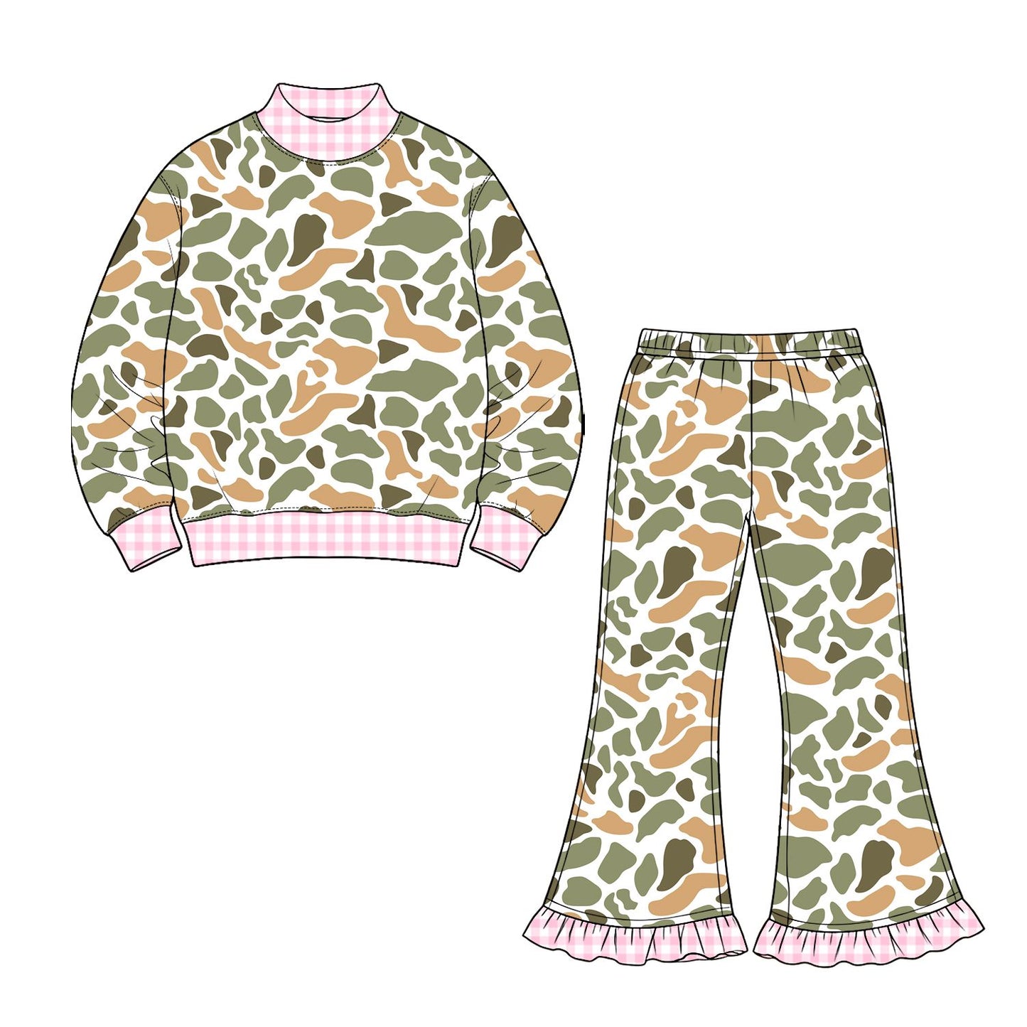 ( Moq 5 ) Preorder Baby Girls Kids Long Sleeves Plaid Shirt Camo Bell Pants Set Clothes