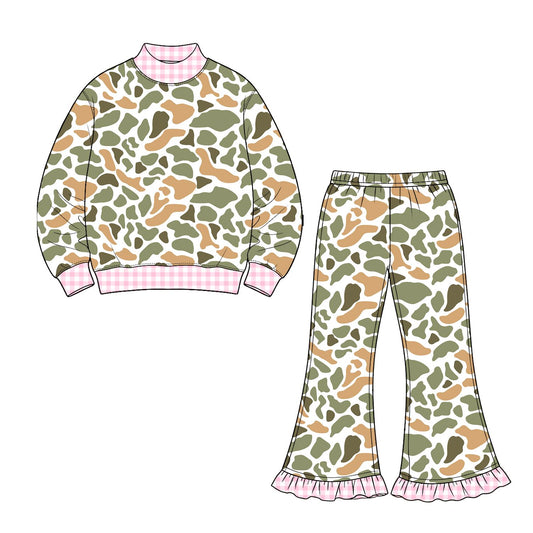 ( Moq 5 ) Preorder Baby Girls Kids Long Sleeves Plaid Shirt Camo Bell Pants Set Clothes
