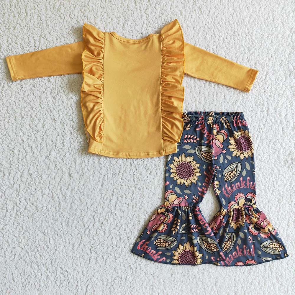 Promotion Baby Girl turkey Ruffle Tops Sunflower Pants Fall Outfit RTS
