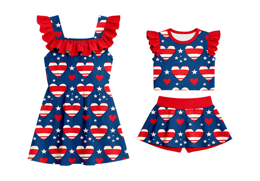 ( Moq 5 Each Style ) Baby Girls Kids Red Short Sleeves Hearts Sibling 4th of July Dress Set