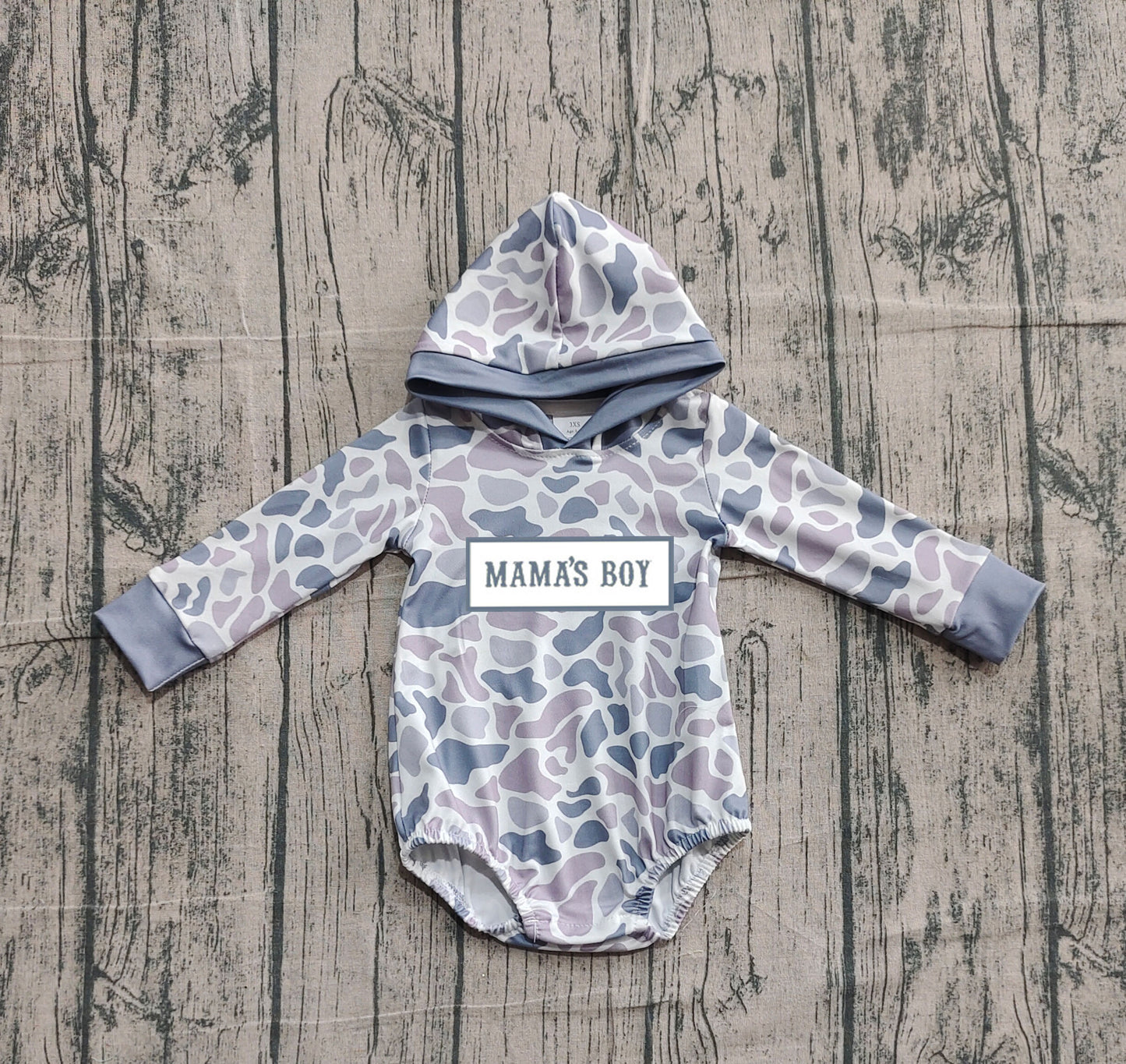 ( Moq 5 ) Preorder Baby Boys Embroidery Mama's Boy Hoodie Grey Camo Bubble Romper