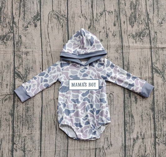 ( Moq 5 ) Preorder Baby Boys Embroidery Mama's Boy Hoodie Grey Camo Bubble Romper