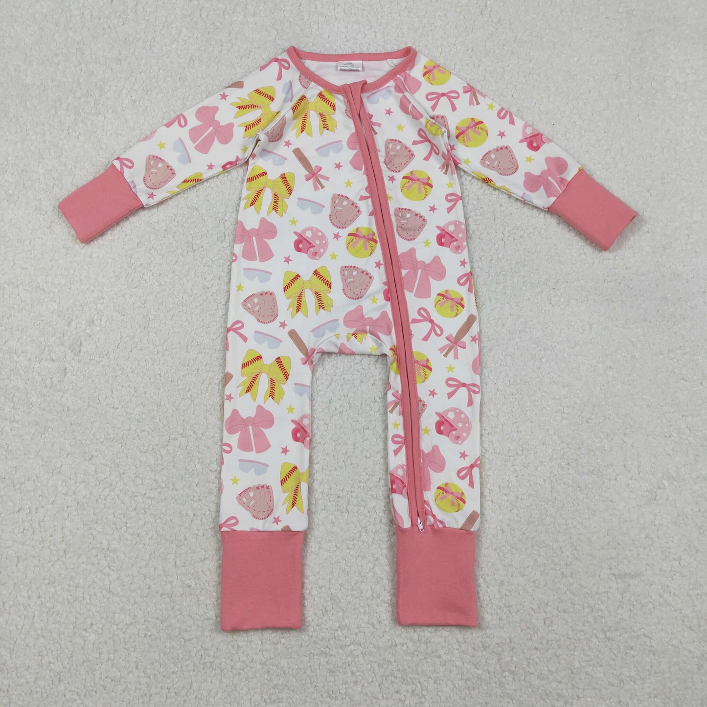 Girls Infant Long Sleeves Softball Bows Zipper Sleeper Romper RTS