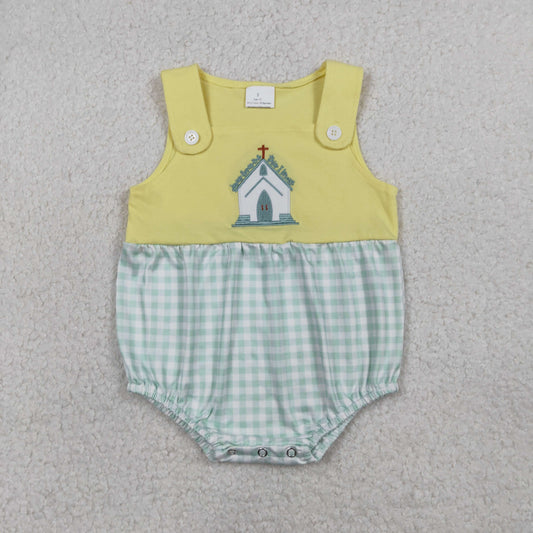 Baby Boys Sleeveless Embroidery Cross Jesus Plaid Easter Plaid Bubble Romper RTS