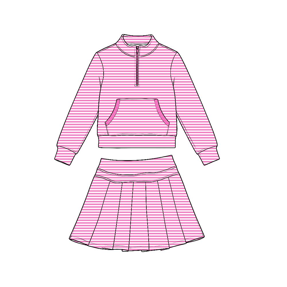 ( Moq 5 ) Preorder Baby Girls Kids Long Sleeves Pink Stripes Zipper Shirt Skirt Shorts Set Yoga Active Clothes