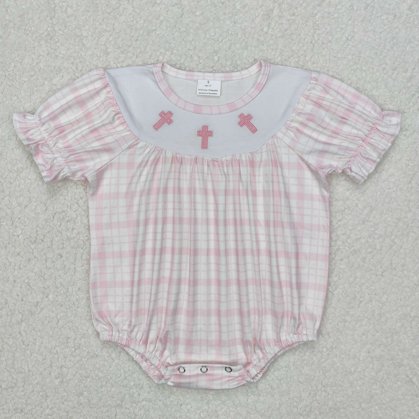 Baby Girl Infant Short Sleeves Pink Plaid Embroidery Easter Cross Bubble Romper RTS