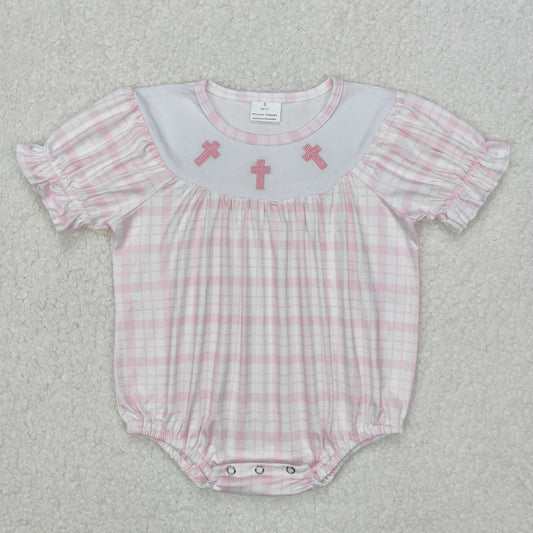 Baby Girl Infant Short Sleeves Pink Plaid Embroidery Easter Cross Bubble Romper RTS
