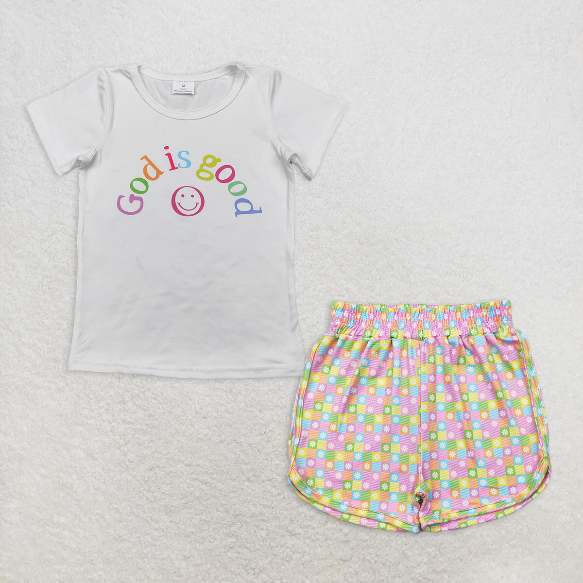 Baby Girl Short Sleeves GOD IS GOOD Shirt Plaid Flower Short Set RTS