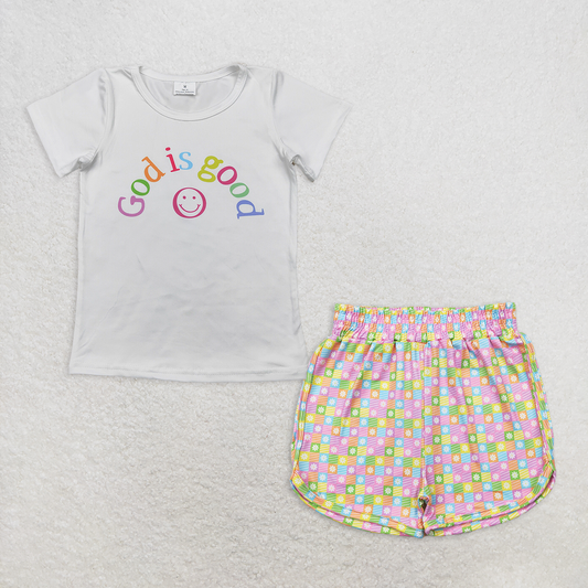 Baby Girl Short Sleeves GOD IS GOOD Shirt Plaid Flower Short Set RTS