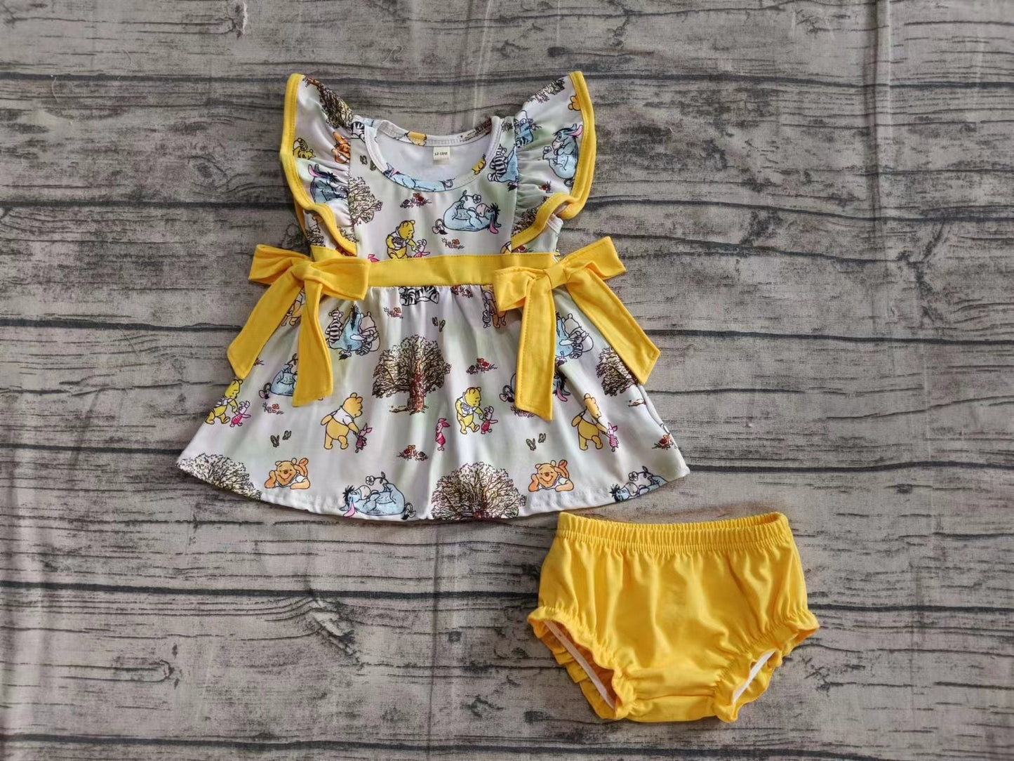 Baby Girl Short Sleeves Bear Bows Tunic Yellow Bummie Shorts Cartoon Set ( Moq 5 )