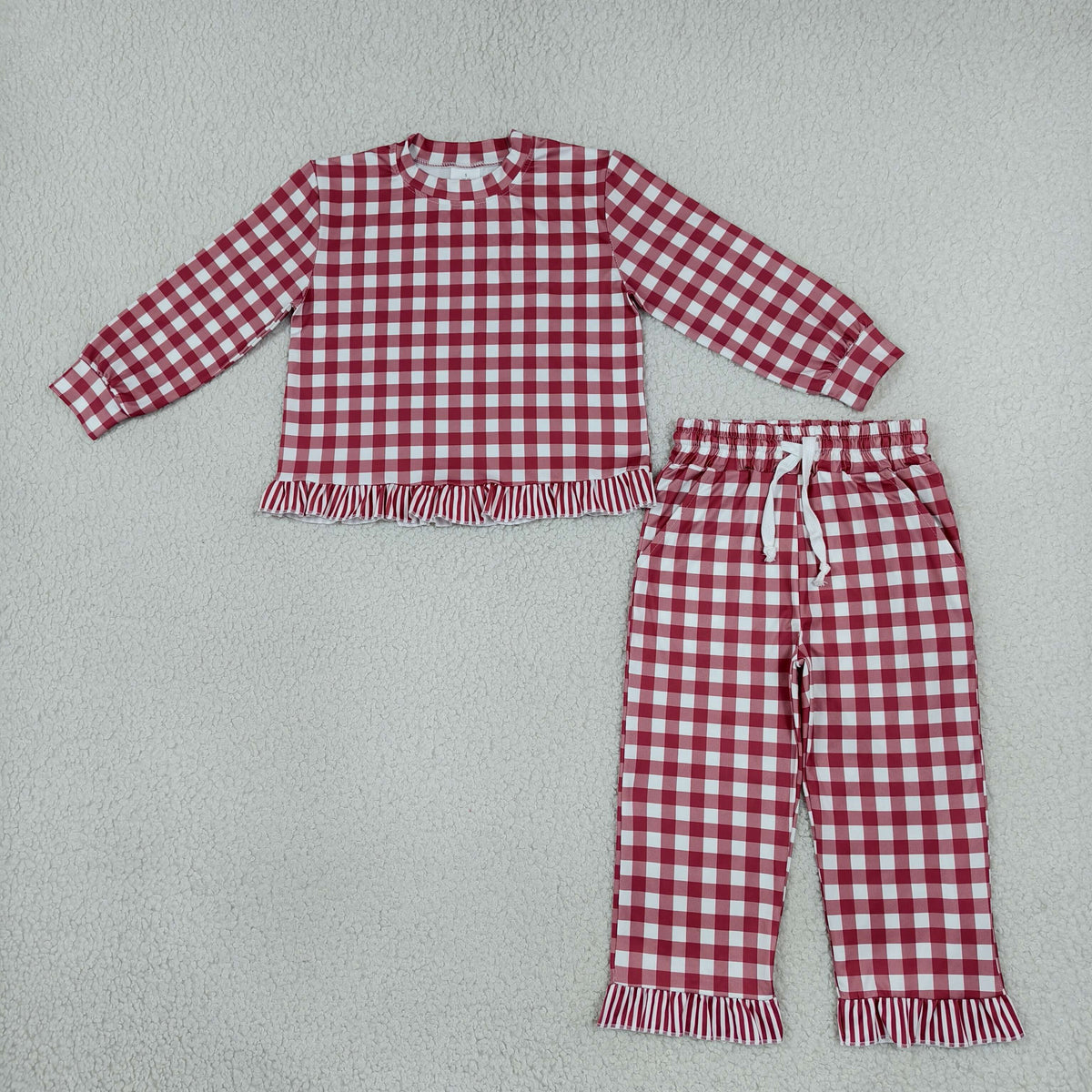 Baby Girls Kids Long Sleeves Red Plaid Shirt Ruffle Pants Set Clothes RTS