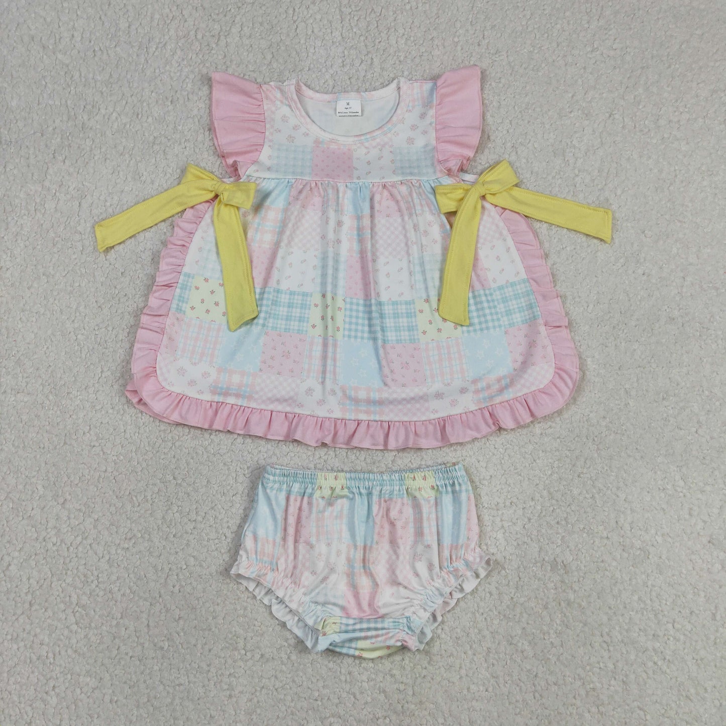 Baby Girls Kids Short Sleeves Flower Plaid Bows Tops Bummie Shorts Set Clothes RTS