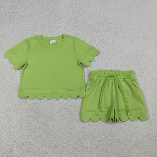 Baby Girls Short Sleeves Green Shirt Scallop Shorts Girls Summer Clothes Set