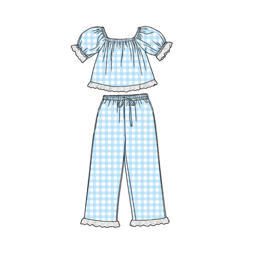 ( Moq 5 ) Preorder Baby Girls Kids Short Sleeves Blue Plaid Lace Tops Pants Clothes Set