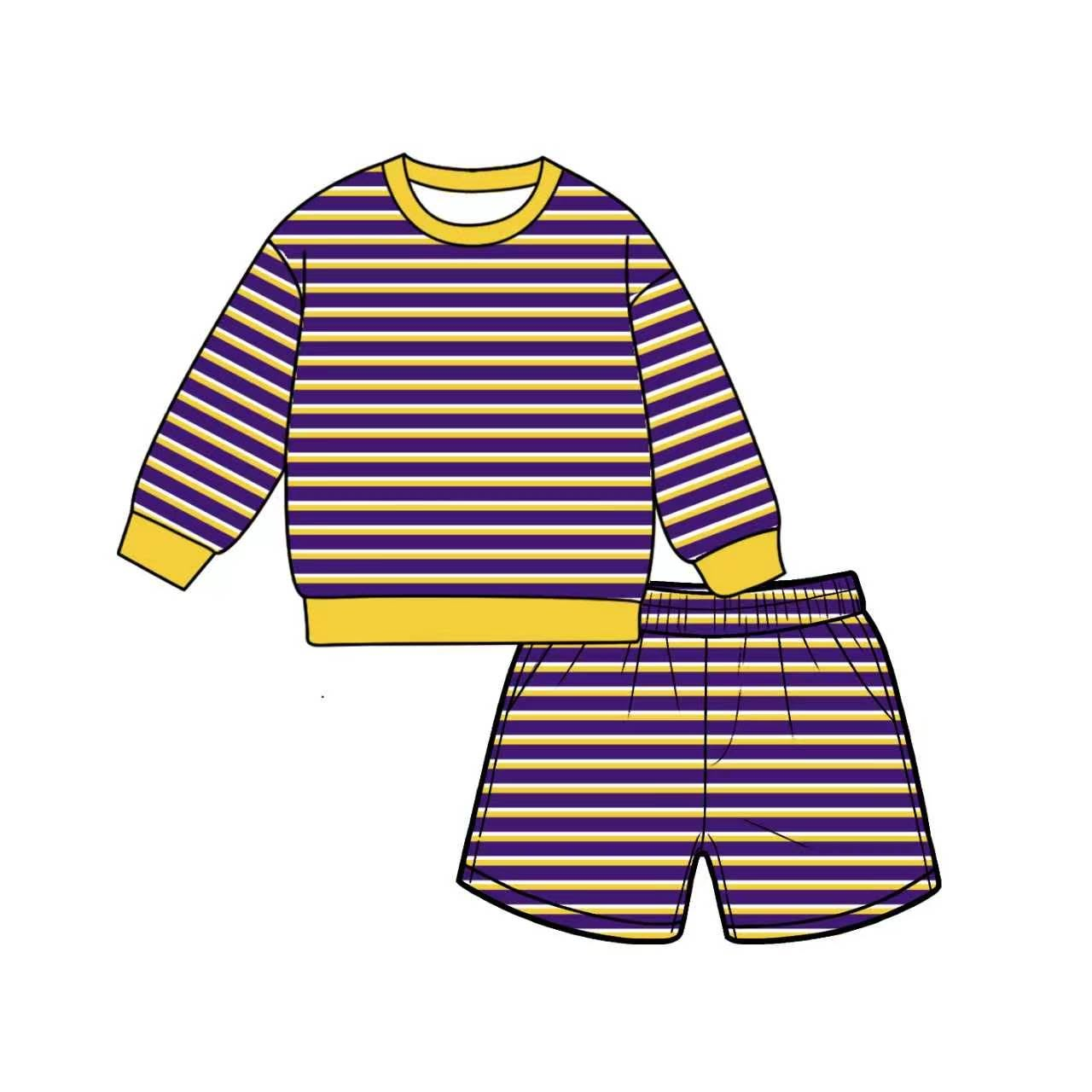 ( Moq 5 ) Preorder Adult Women Long Sleeves Purple Yellow Stripes Shirt Pockets Shorts Yoga Active Set