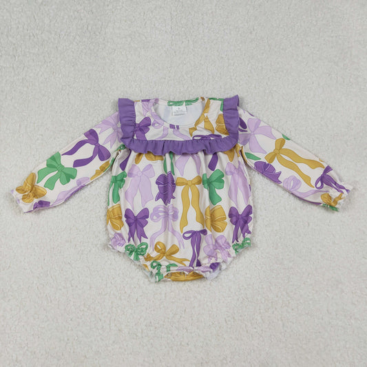 Girls Kids Long Sleeves Bows Purple Ruffle Mardi Gras Bubble Romper RTS