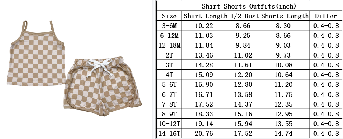 Baby Girl Strap Brown Checked Vest Tops Short Sports Set RTS