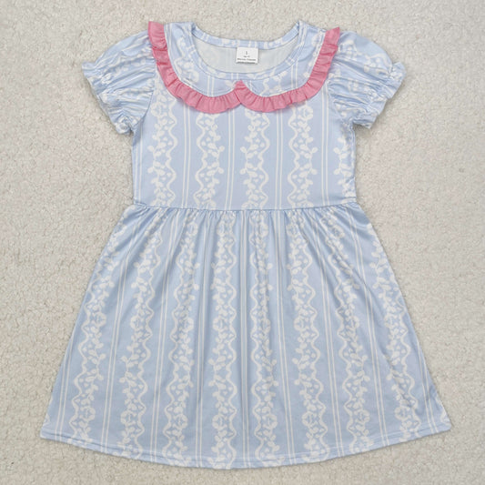Baby Girl Short Sleeves Blue White Ruffle Knee Length Dress
