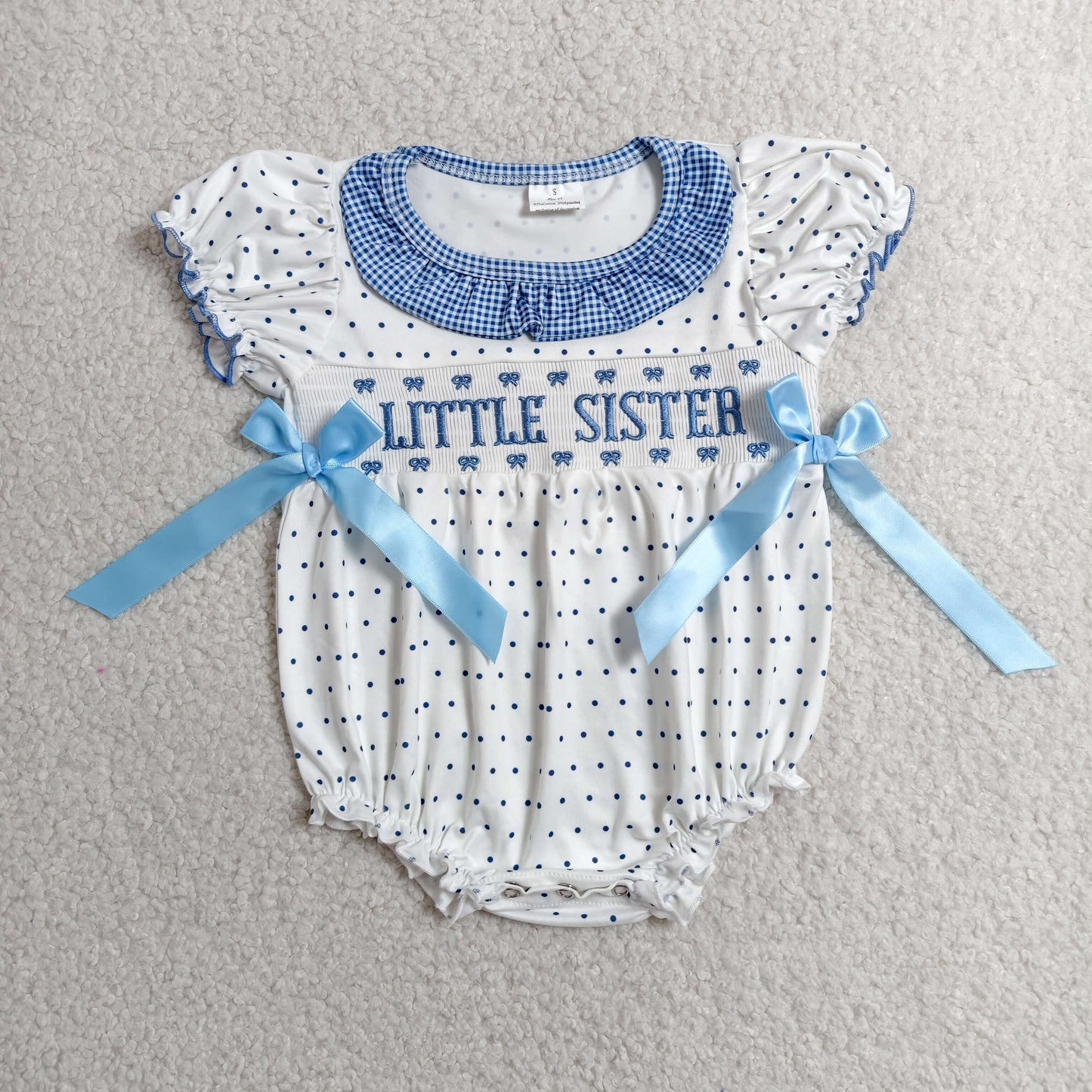 Baby Girls Infant Embroidery Smocked Little Sister Bows Bubble Romper RTS