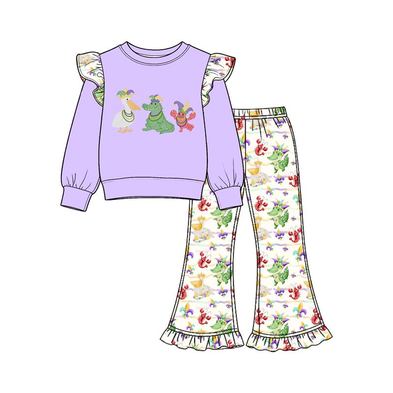( Moq 5 ) Preorder Baby Girls Kids Long Sleeves Purple Shirt Bell Pants Mardi Gras Set Clothes