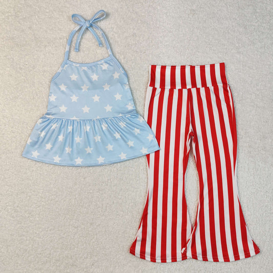 Baby Girl July 4th Stars Halter Tunic Stripes Bell Pants Clothes Set RTS