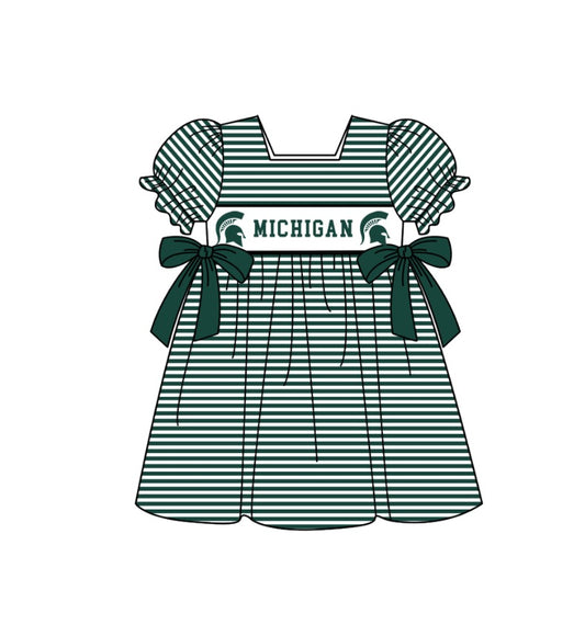 ( Moq 5 ) Baby Girls Toddler Short Sleeves Green Stripes Bows Knee Length Dress