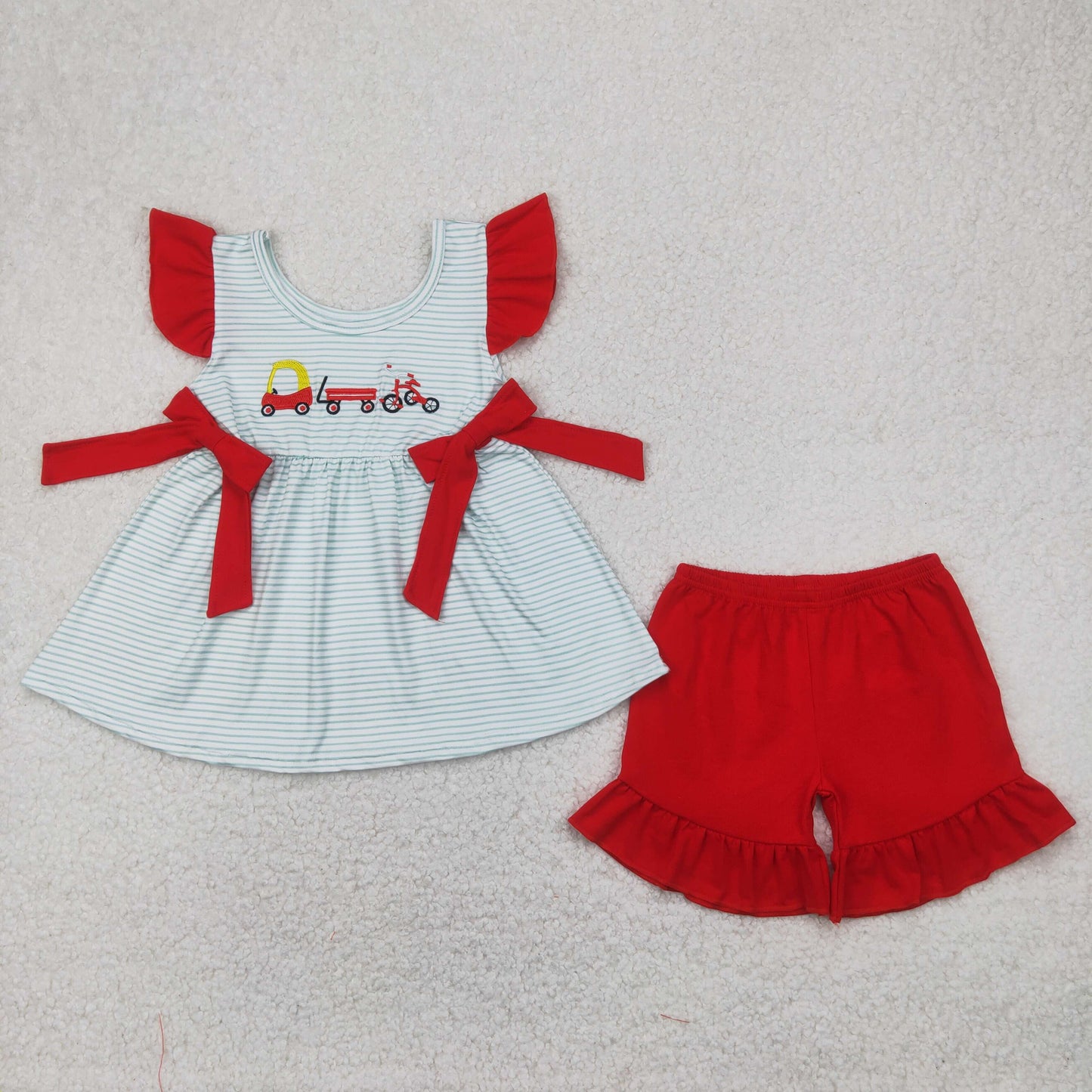Baby Girl Short Sleeves Embroidery Trucks Red Bows Tunic Ruffle Shorts Set RTS