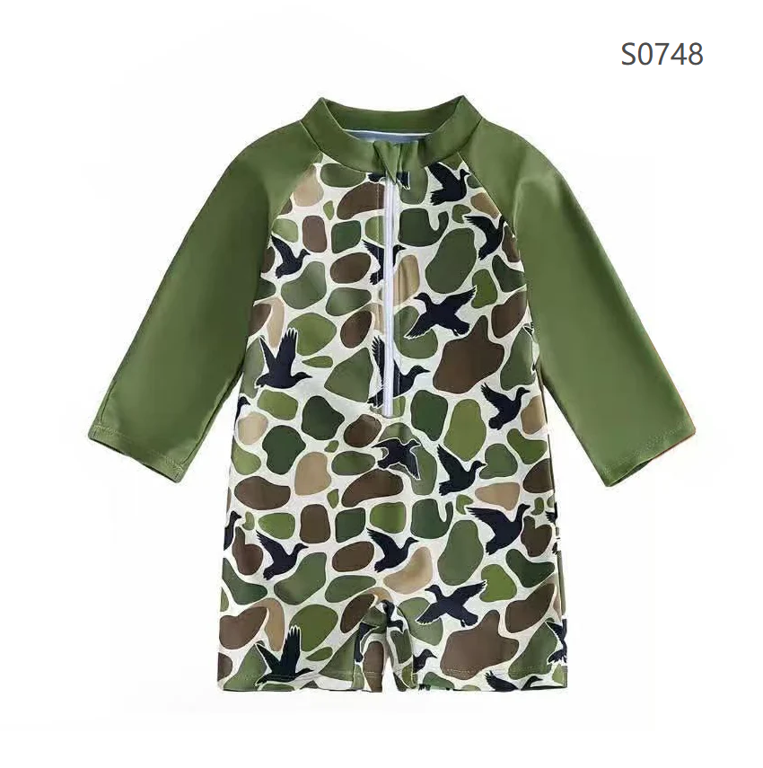( Moq 5 ) Preorder Baby Boys Long Sleeves Ducks Green Camo Zipper One-piece Swimsuit