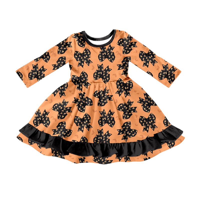 ( Moq 5 ) Preorder Baby Girls Kids Candy Corn Bows Halloween Knee Length Dress Clothes