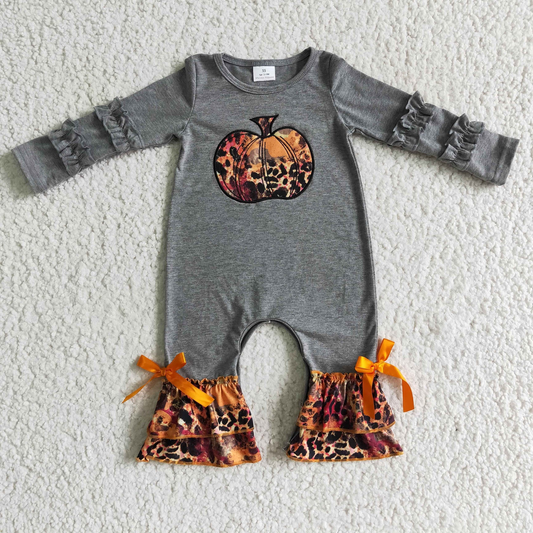 Baby Girls Long Sleeves Embroidery Pumpkin Thanksgiving Leopard Ruffle Romper RTS