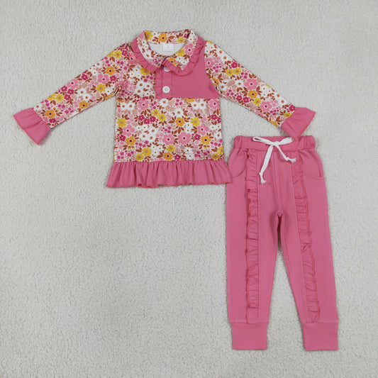 Baby Girls Kids Long Sleeves Flower Buttons Pullover Pockets Pink Pants Set Clothes RTS