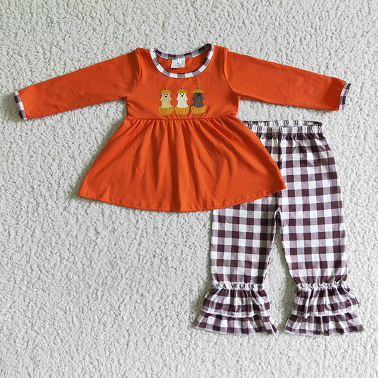 Promotion Baby Girl Embroidery Pumpkin Dogs Tunic Pants Fall Outfit RTS