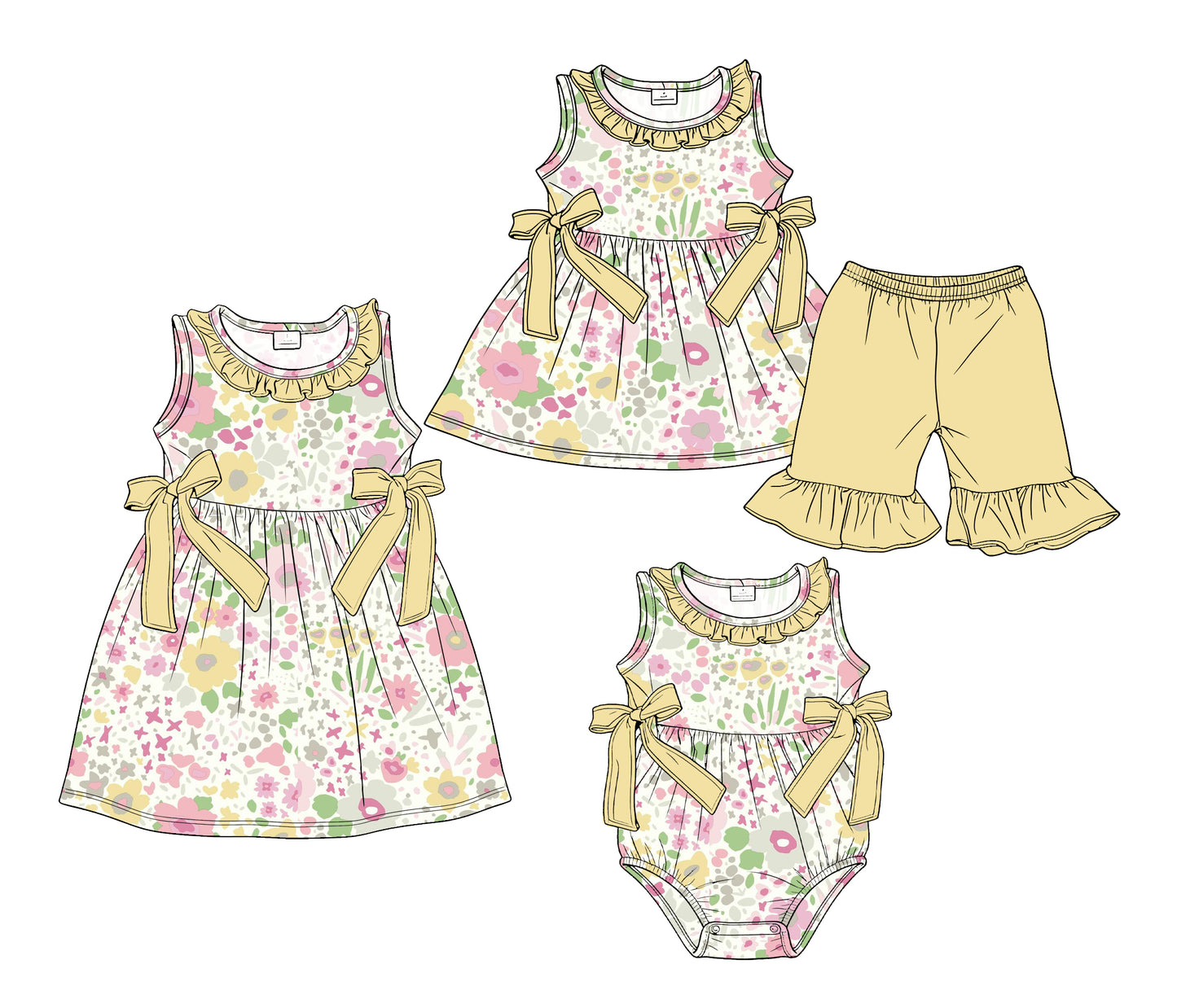 ( Moq 5 Each Style ) Sibling Baby Girls Kids Yellow Flower Bows Romper Dress Set Summer Clothes