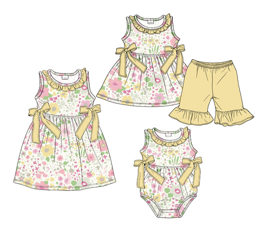 ( Moq 5 Each Style ) Sibling Baby Girls Kids Yellow Flower Bows Romper Dress Set Summer Clothes