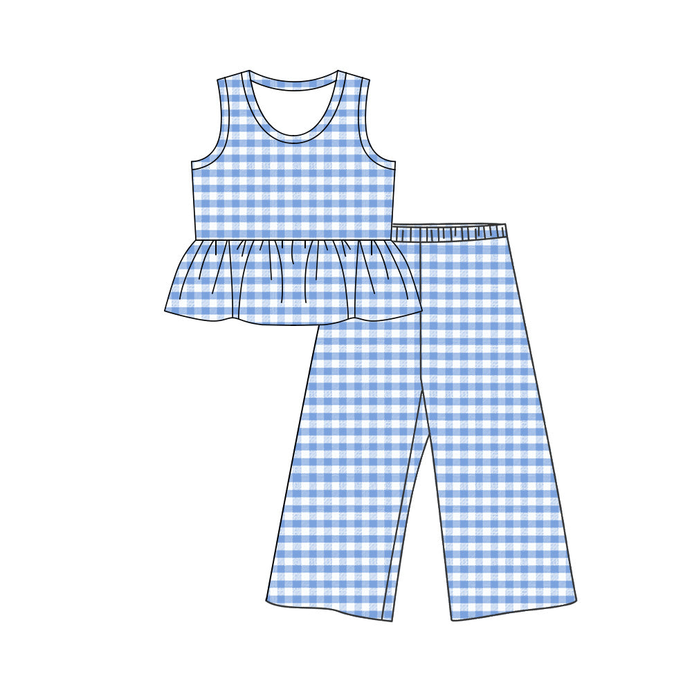 ( Moq 5 ) Preorder Baby Girls Kids Sleeveless Blue Plaid Ruffle Tops Pants Set Clothes