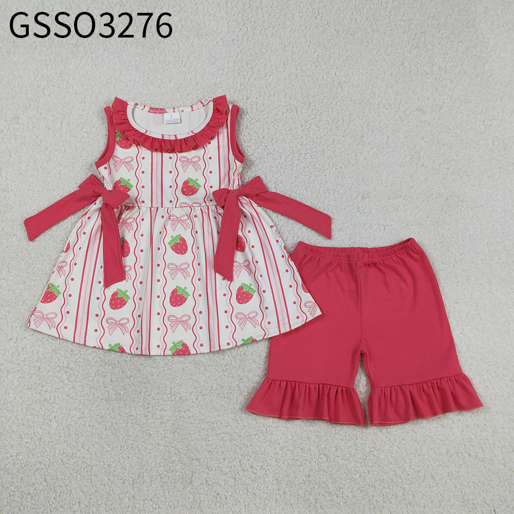 Baby Girls Kids Sleeveless Strawberry Bows Tunic Pink Shorts Summer Set RTS